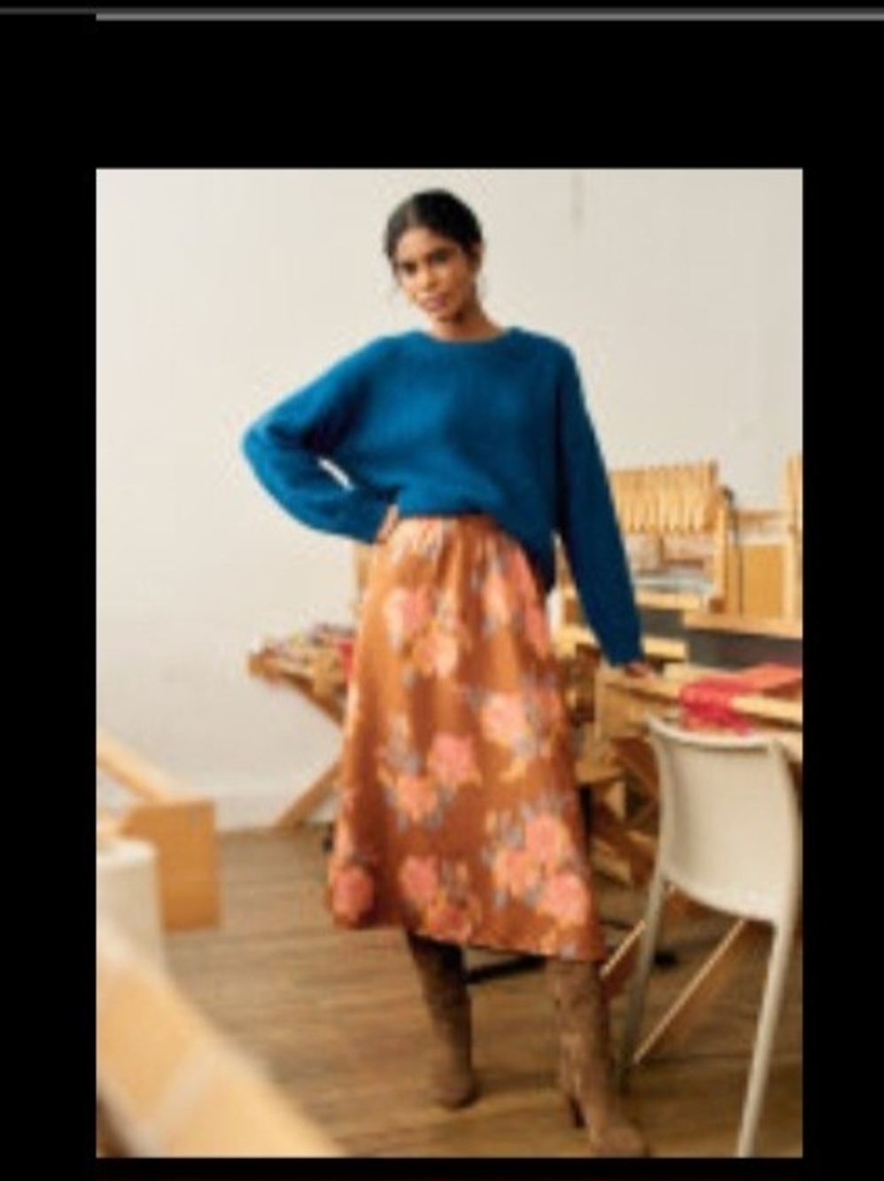 Sezane Floral Midi Skirt in Rust with Pink & Blue Blooms